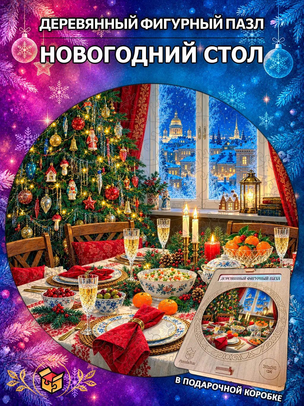 Деревянный пазл "Новогодний стол" / 30 см, 185 деталей