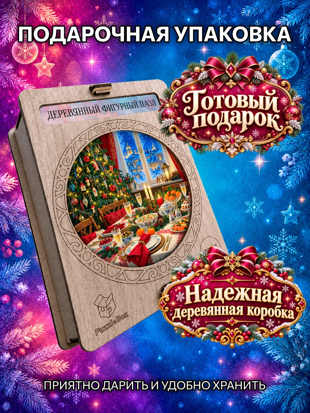 Деревянный пазл "Новогодний стол" / 30 см, 185 деталей