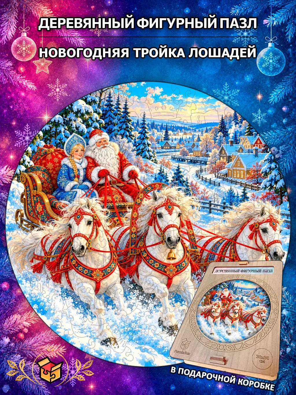 Деревянный пазл "Новогодняя тройка лошадей" / 30 см, 185 деталей