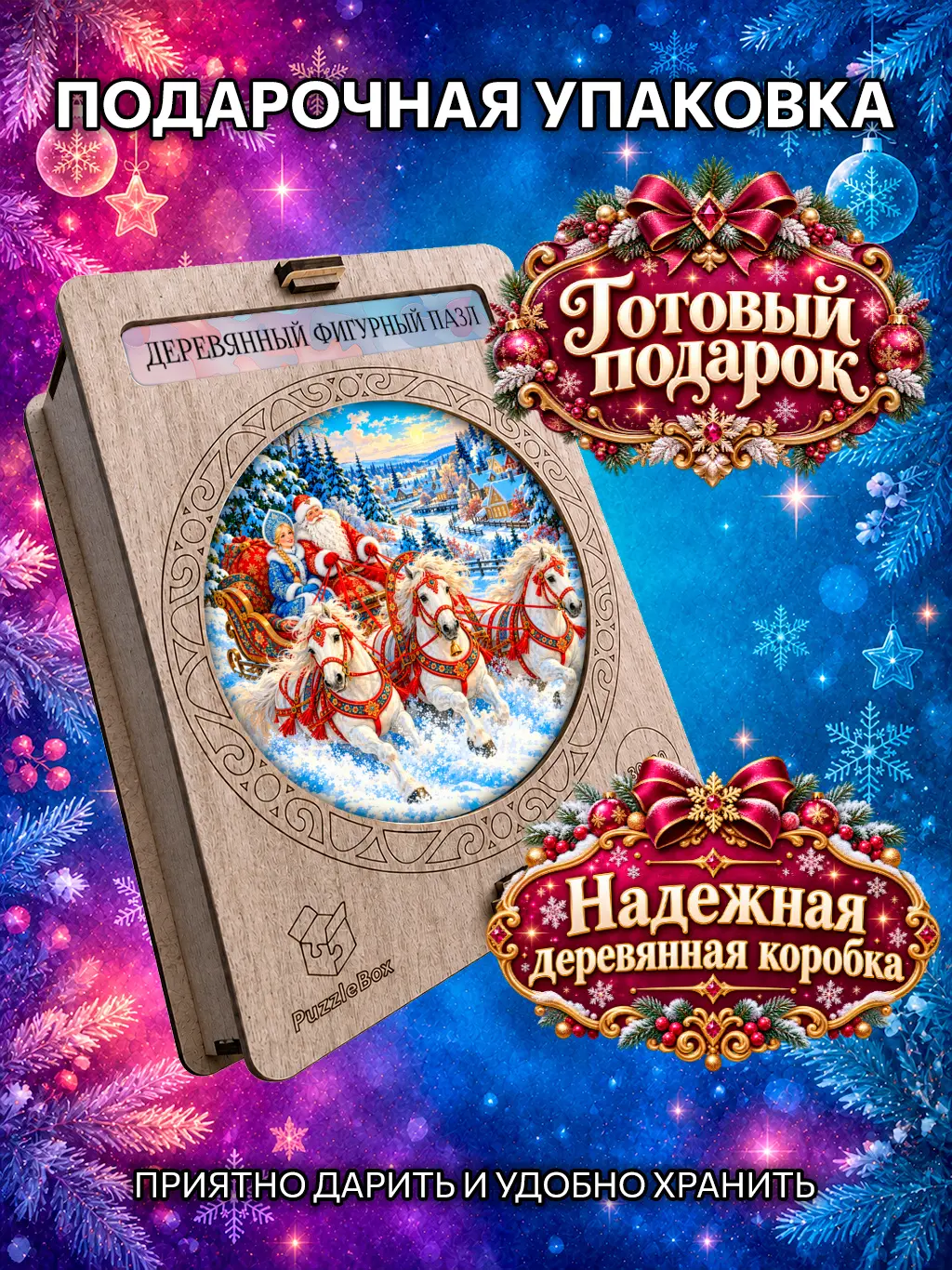 Деревянный пазл "Новогодняя тройка лошадей" / 30 см, 185 деталей