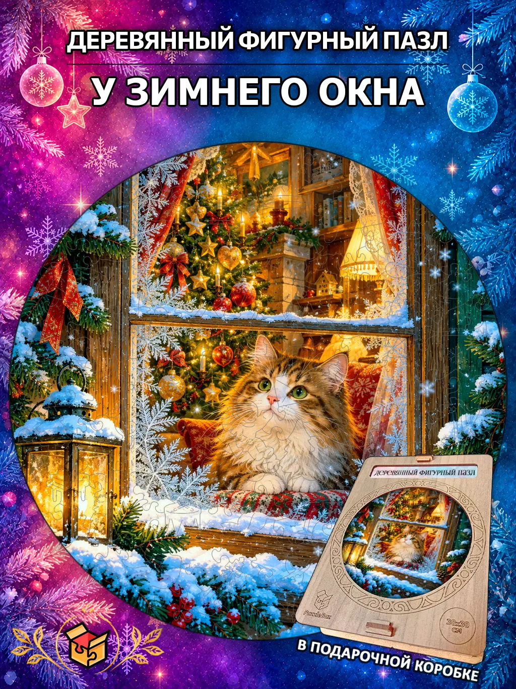 Деревянный пазл "У зимнего окна" / 30 см, 185 деталей