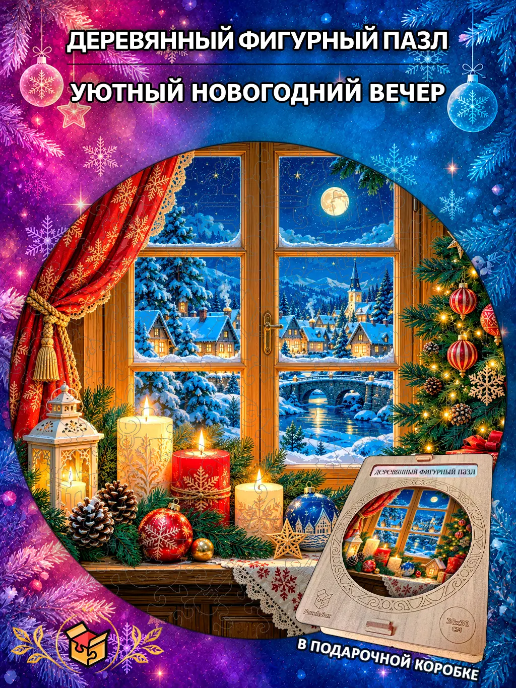 Деревянный пазл "Уютный новогодний вечер" / 30 см, 185 деталей