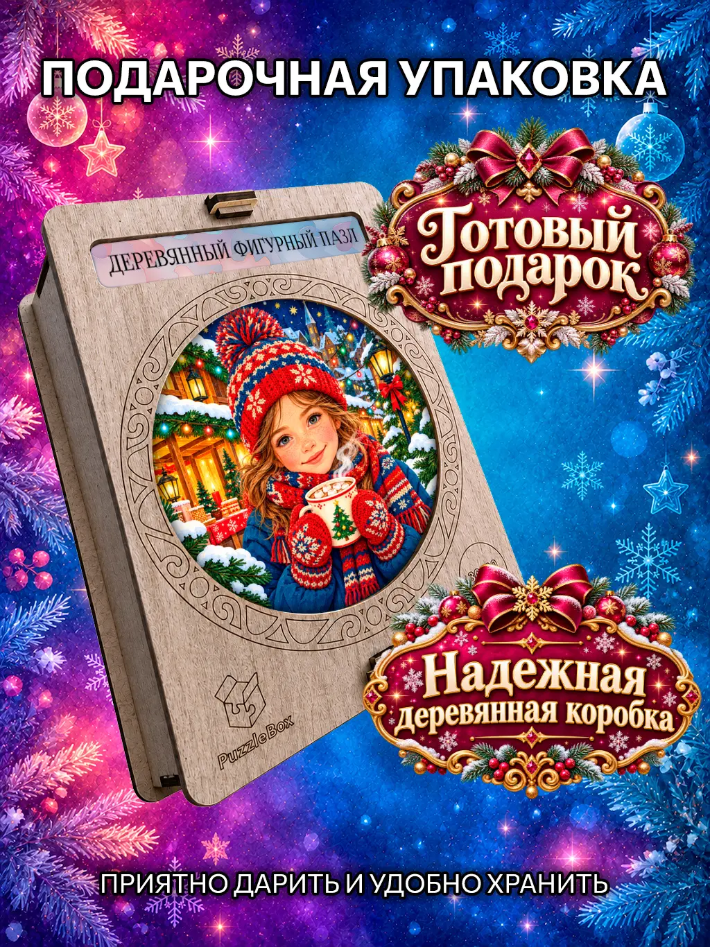 Деревянный пазл "Чашка новогоднего настроения" / 30 см, 185 деталей