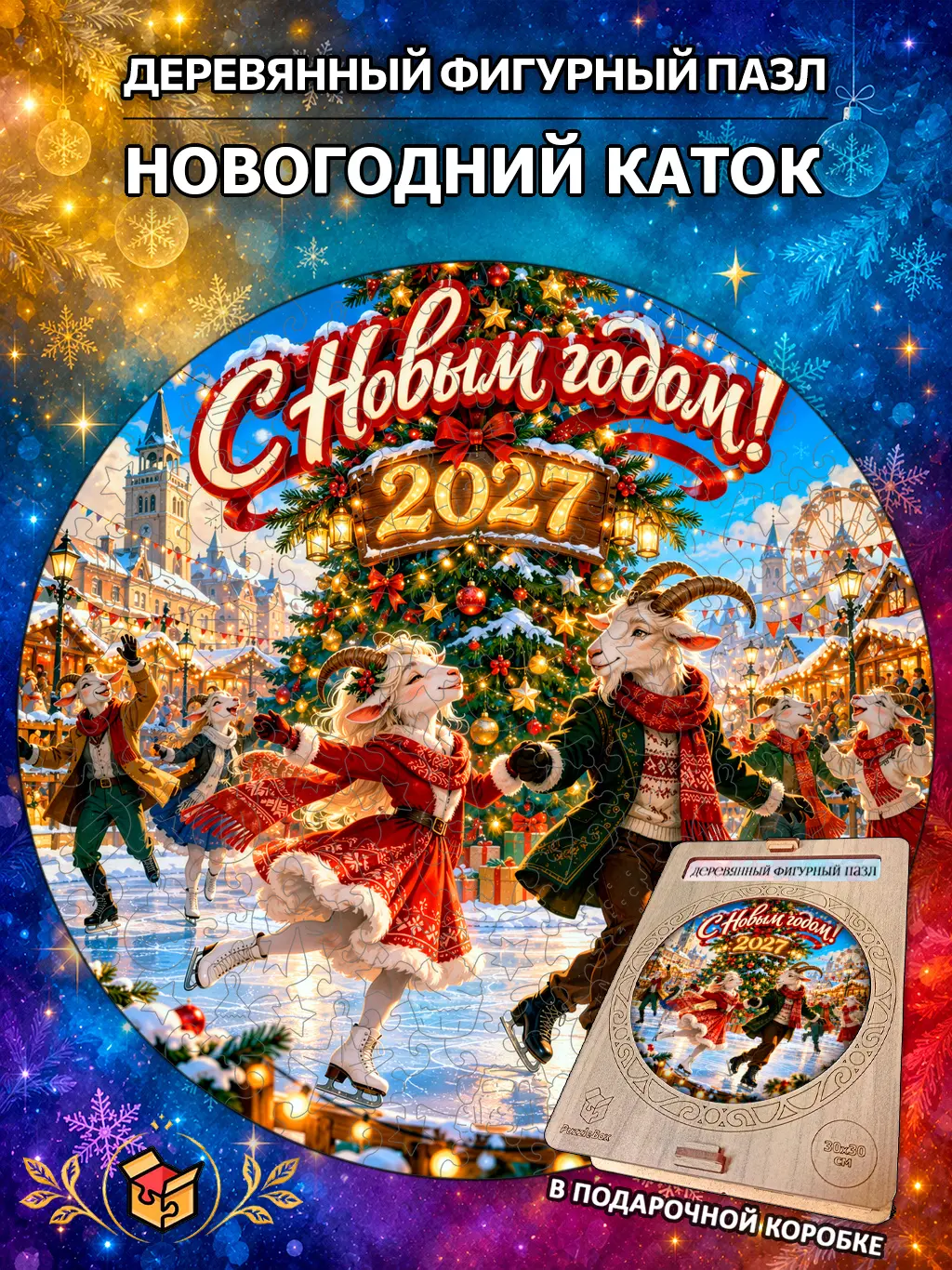 Деревянный пазл "Новогодний каток" / 30см, 184 детали