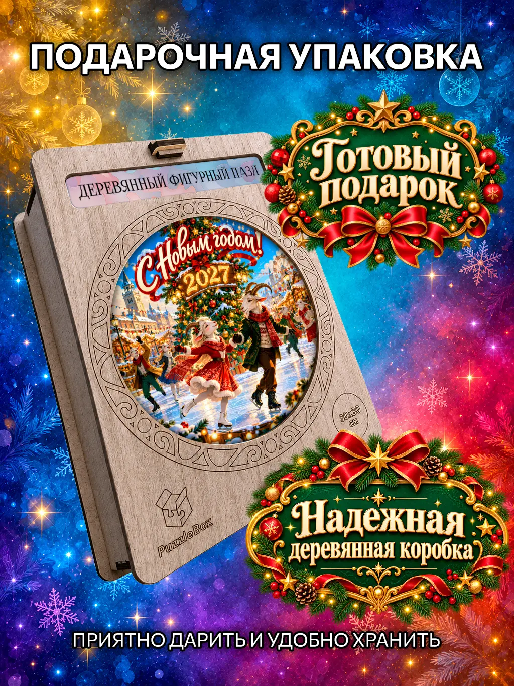 Деревянный пазл "Новогодний каток" / 30см, 184 детали