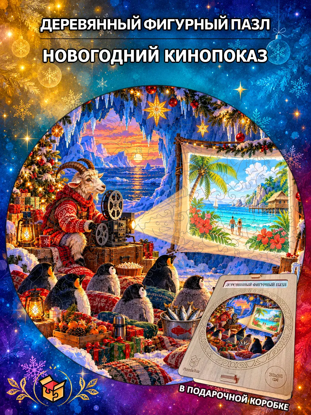 Деревянный пазл "Новогодний кинопоказ" / 30см, 184 детали