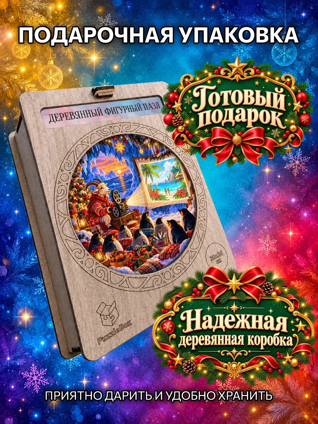 Деревянный пазл "Новогодний кинопоказ" / 30см, 184 детали
