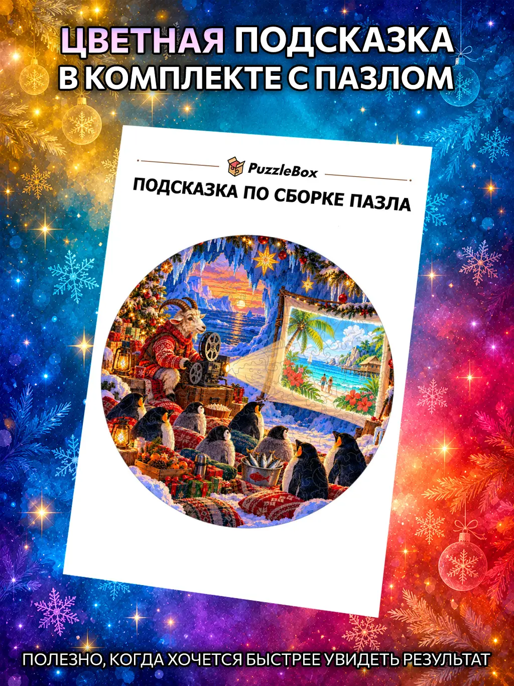 Деревянный пазл "Новогодний кинопоказ" / 30см, 184 детали