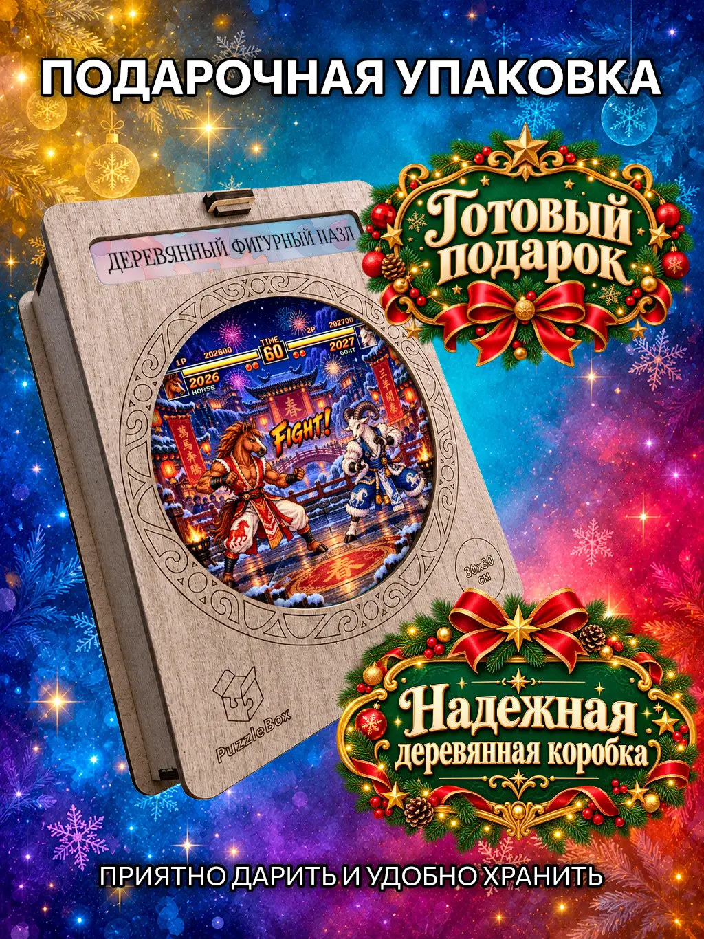 Деревянный пазл "Новогодний поединок" / 30см, 184 детали