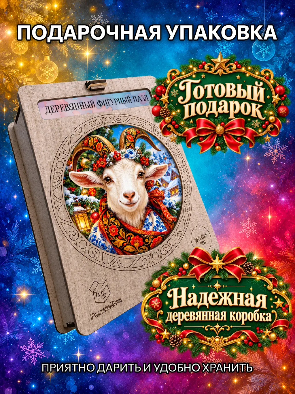 Деревянный пазл "Новогодняя Хохломушка" / 30см, 184 детали